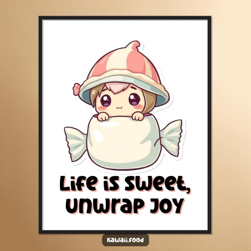 Funny free printable wall art of a curious candy character wearing a wrapper hat popping out.