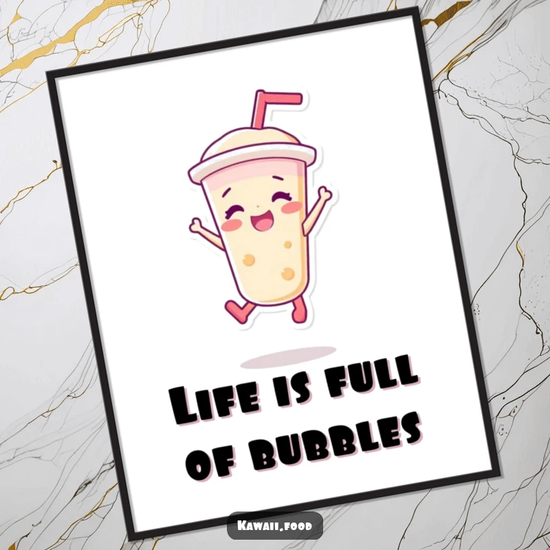 Funny Free Printable Wall Art: A dynamic bubble tea cup character captured in a high, joyful jump with toppings flying.