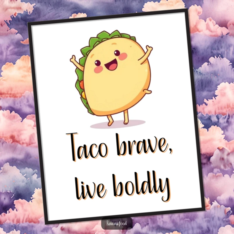 Funny Free Printable Wall Art: A cheerful taco with legs is caught mid-cartwheel, radiating fun and culinary energy.