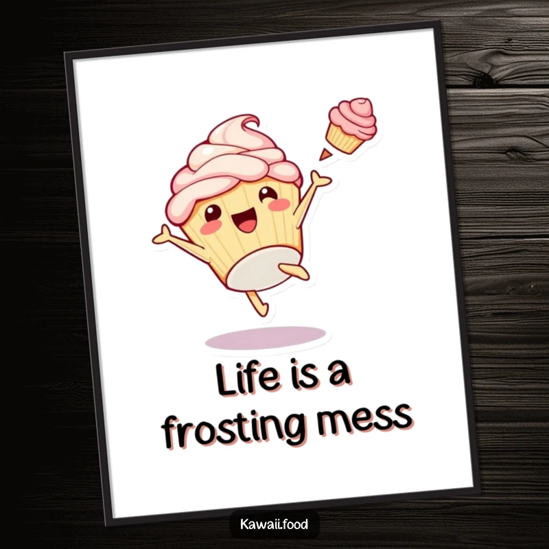Funny Free Printable Wall Art: Playful cupcake character mid-cartwheel, frosting flying dynamically, full of sweet energy.