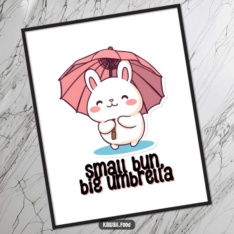 Funny Free Printable Wall Art: A curious bao bun character peeking from under a tiny umbrella, creating a whimsical scene.