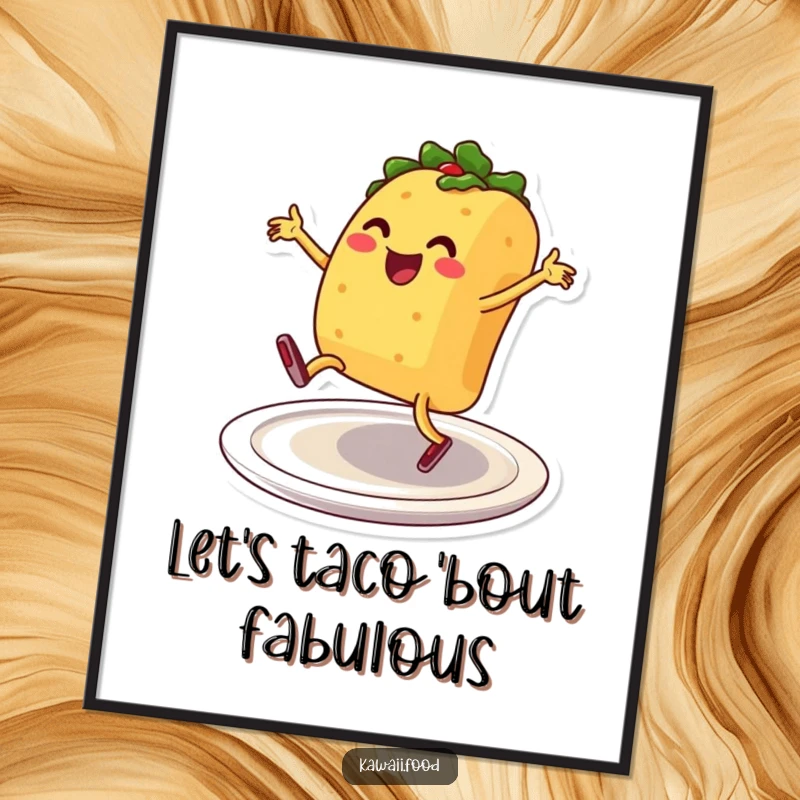 Funny Free Printable Wall Art: Smiling taco character with legs performing an energetic breakdance on a plate.