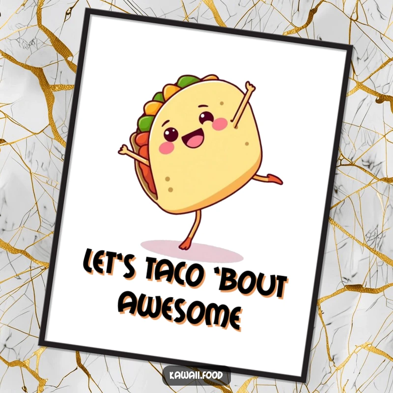 Funny free printable wall art of a happy taco with legs performing an energetic cartwheel in a celebratory pose.