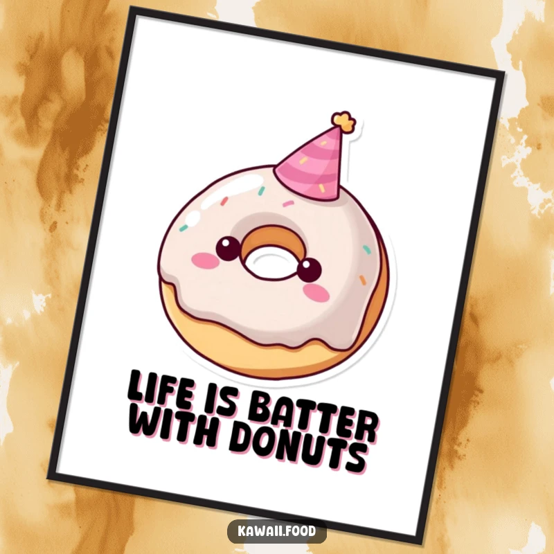 Funny Free Printable Wall Art: Playful donut character wearing a tiny party hat, bringing sweet, fun vibes to the room.