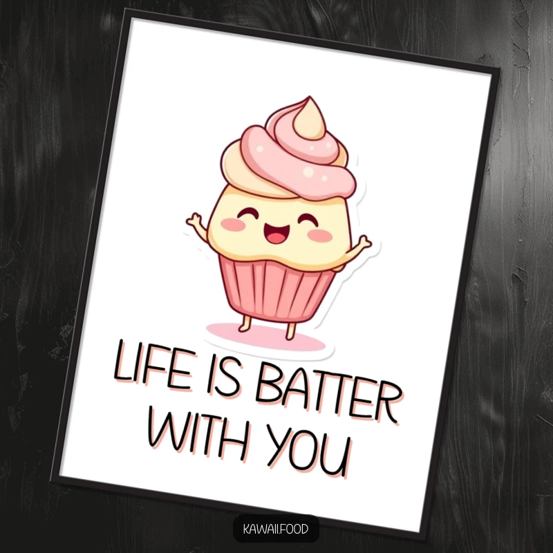 Funny Free Printable Wall Art: A happy cupcake character with frosting hair wiggling energetically on a plain background.