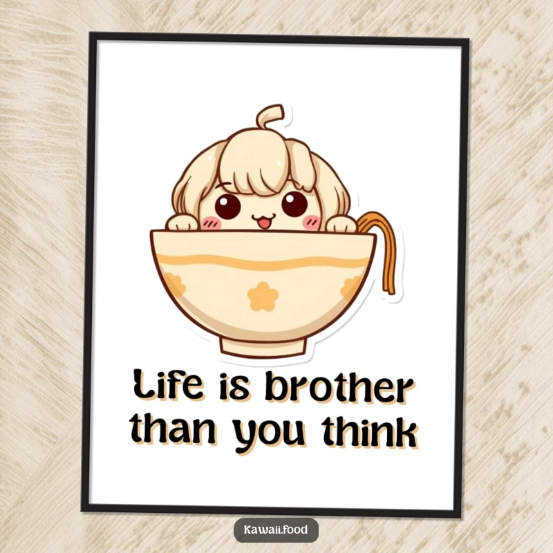 Funny Free Printable Wall Art: Curious ramen bowl character with noodle arms, peeking out, adding a playful touch to decor.