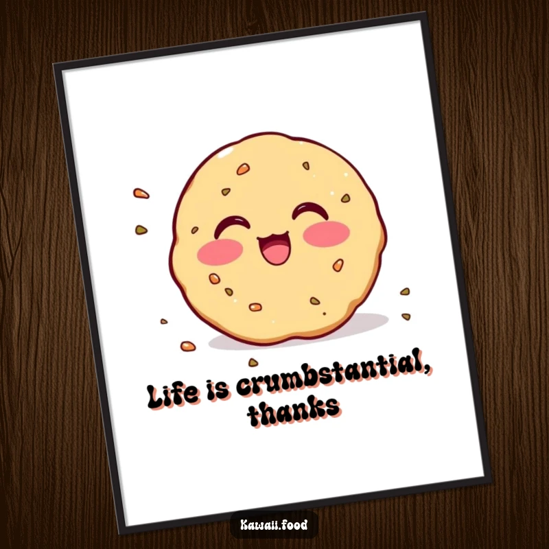 Funny Free Printable Cookie Wall Art of a blushing cookie with its crumbs joyfully scattering.