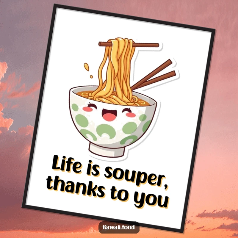Funny Free Printable Ramen Wall Art depicting a playful bowl splashing delicious noodles with joy.