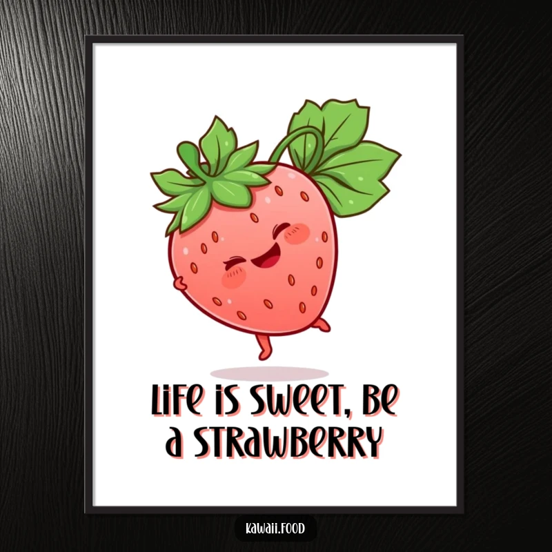 Funny Free Printable Wall Art: Giggling strawberry character doing a cartwheel, its leaf stem spinning, adding vibrant decor.