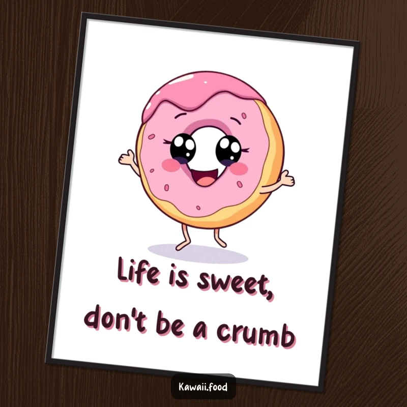 Funny free printable wall art featuring a cheerful donut with eyes performing a joyful, playful dance.