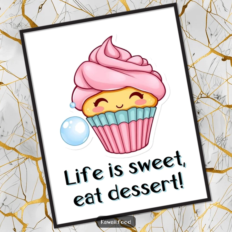 Funny Free Printable Wall Art: A cupcake character with frosting hair blowing a large bubble, adding whimsical and fun decor.