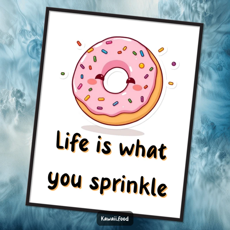 Funny Free Printable Wall Art: A Shy Donut Character Blushing While Masterfully Juggling Tiny Sprinkles