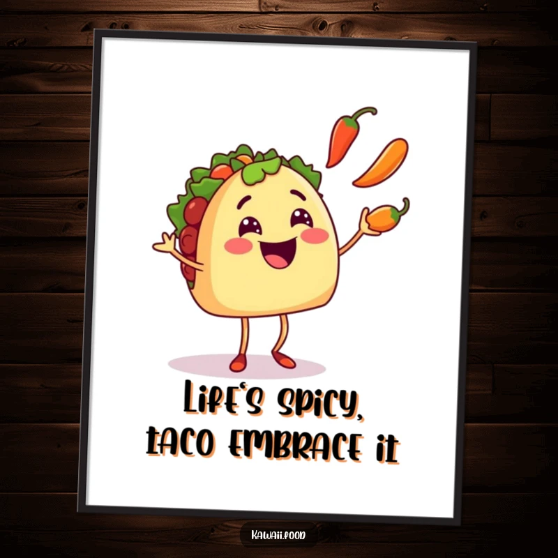 Funny Free Printable Wall Art: Smiling taco character with tiny legs juggling colorful chili peppers, energetic and fun.