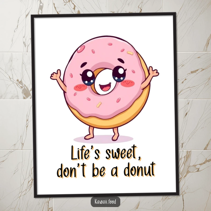 Funny Free Printable Wall Art: A cheerful donut with eyes is shown doing a lively, playful dance, spreading sugary happiness.