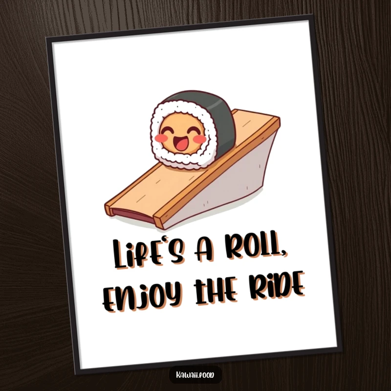 Funny free printable wall art of a smiling sushi roll smoothly sliding down a ramp with great enthusiasm.