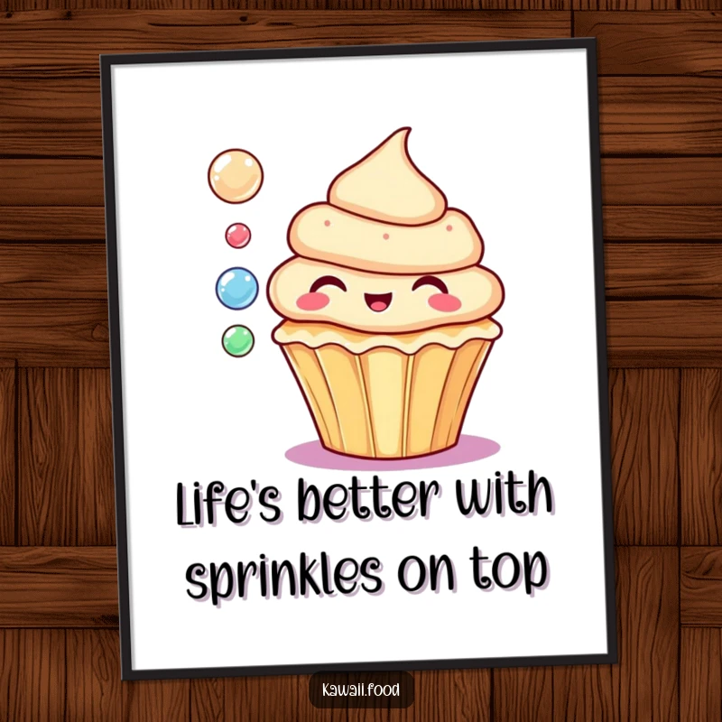Funny free printable wall art of a delighted cupcake blowing small, colorful, floating bubbles with charm.