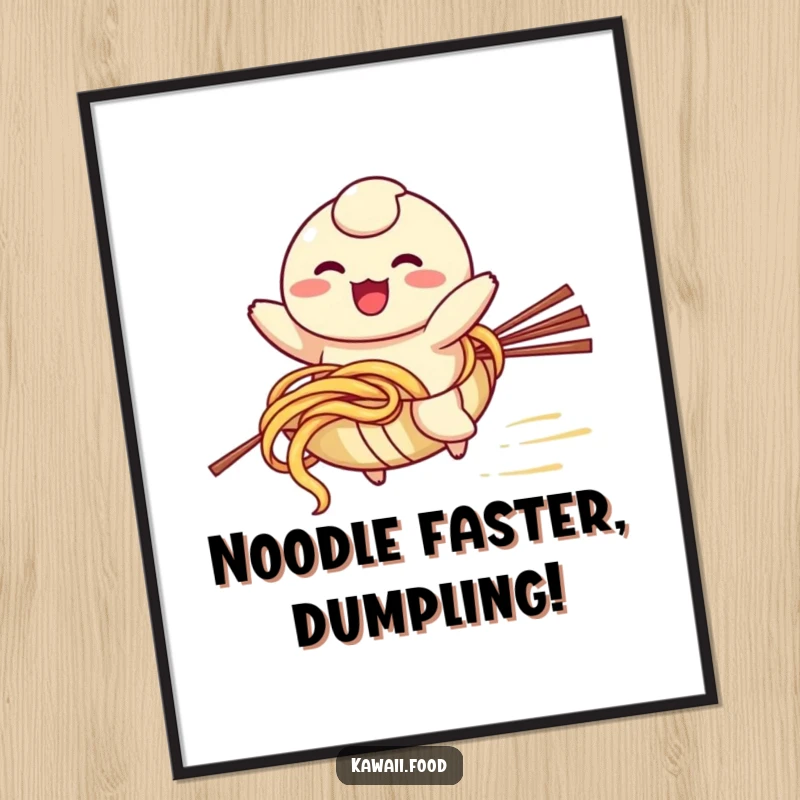 Funny Free Printable Wall Art: A happy dumpling character excitedly riding a runaway noodle, creating a lively scene.