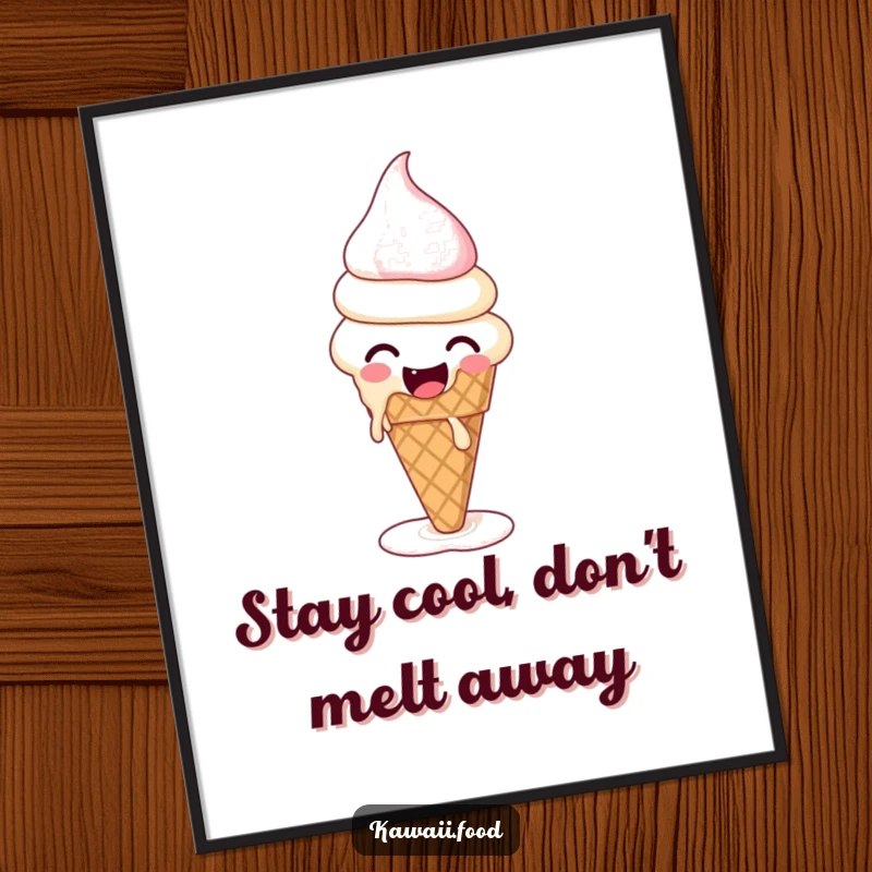 Funny free printable wall art of a giggling ice cream cone melting and reforming with a cheerful expression.