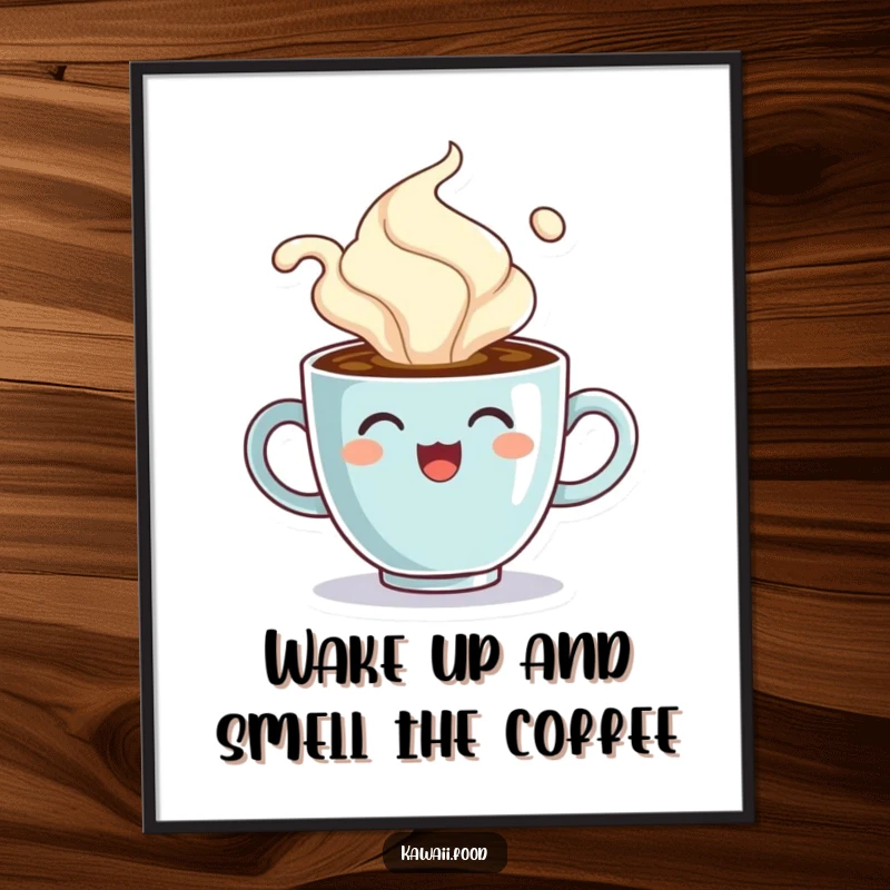 Funny Free Printable Wall Art: A cheerful coffee cup character comically overflowing with steam, exuding warmth and vibrant energy.