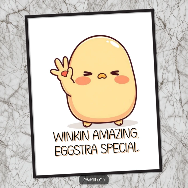 Funny free printable wall art of a blushing tamagoyaki character waving shyly with a cute, endearing wink.