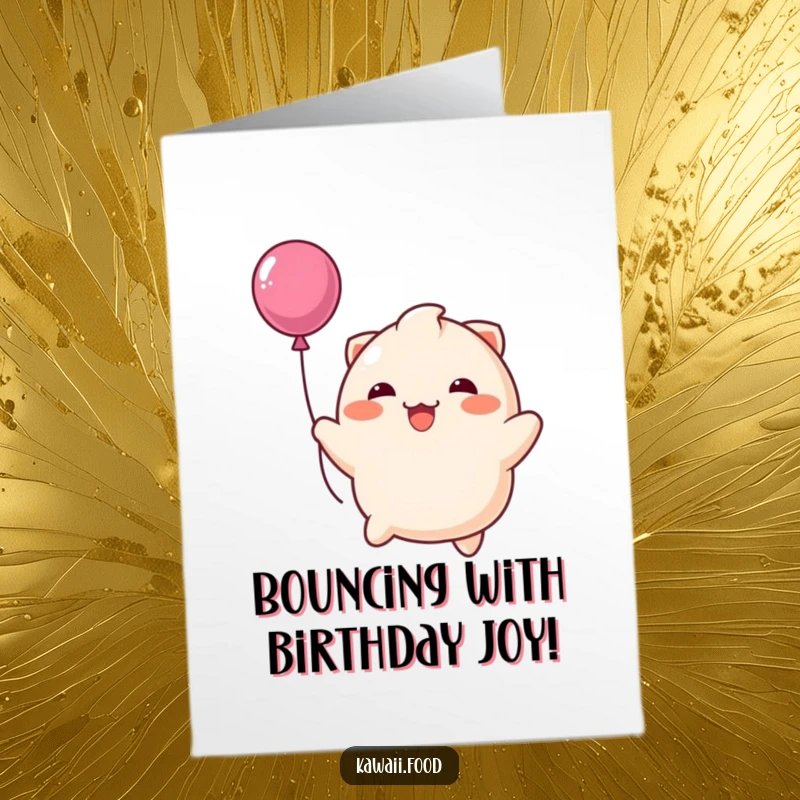 Funny Free Printable Birthday Card: Happy Dumpling Character Bouncing Playfully Like a Balloon