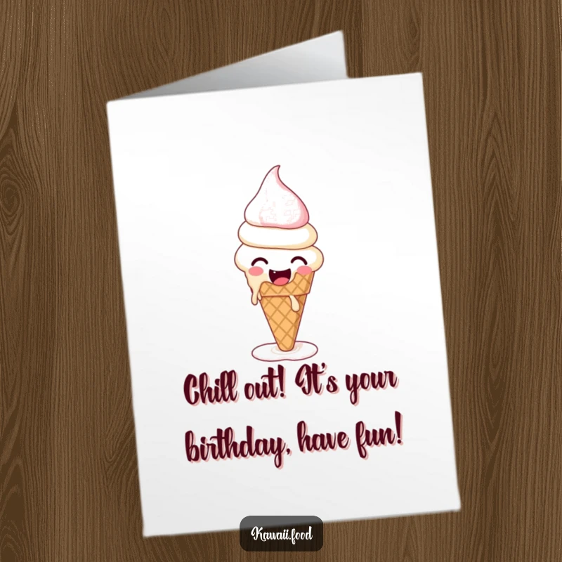 Funny free printable birthday card of a giggling ice cream cone melting and magically reforming with joy.