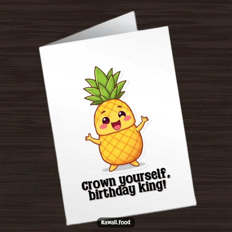 Funny Free Printable Birthday Card: A smiling pineapple character doing a silly dance with its crown wiggling, celebrating a birthday.