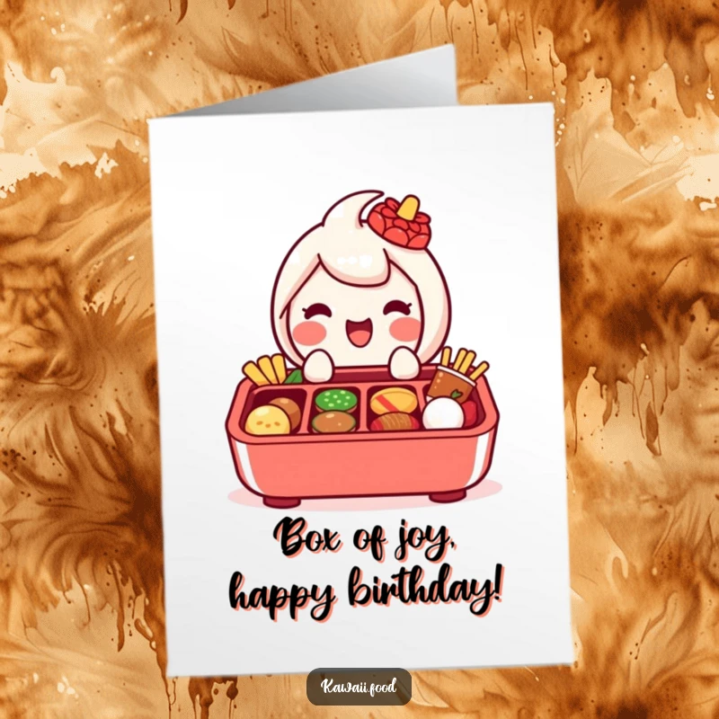 Cute free printable birthday card of a delighted bento box character filled with tiny happy food items.
