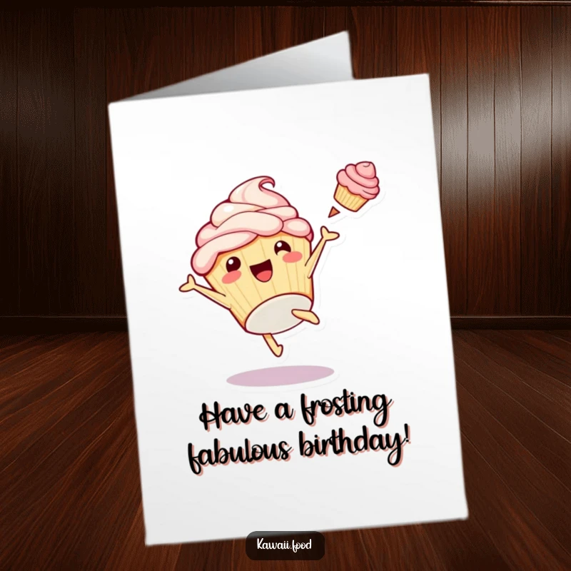 Funny Free Printable Birthday Card: Playful cupcake character doing a cartwheel, frosting flying, full of birthday excitement.
