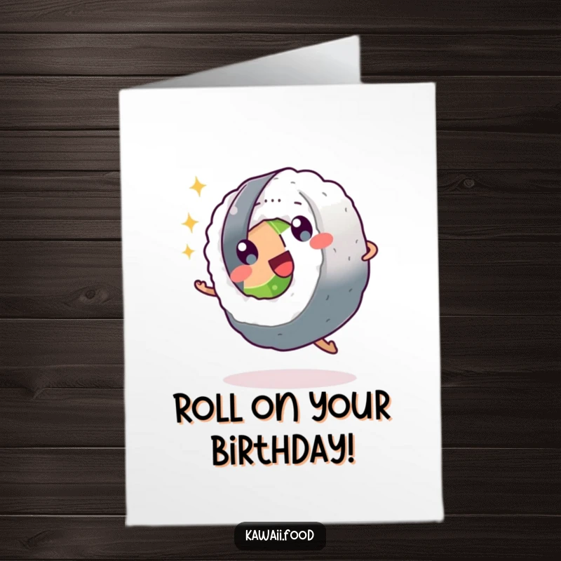 Funny free printable birthday card: A sparkling sushi roll character performing an energetic cartwheel, a joyous celebration.