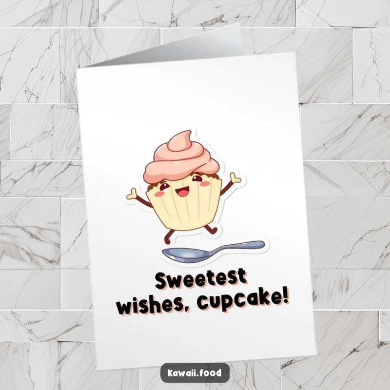 Funny Free Printable Birthday Card: Cheerful cupcake with legs energetically leaping over a tiny spoon, celebrating with sugary fun.