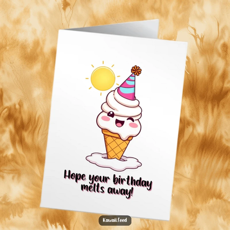 Funny free printable birthday card of a joyful, melting ice cream cone wearing a party hat under a hot sun, looking delightfully distressed.