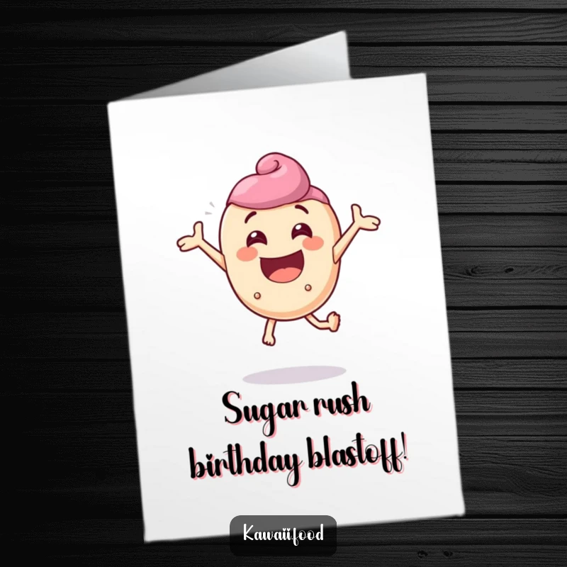 Funny Free Printable Birthday Card: A candy character comically bouncing with extreme, delightful enthusiasm, ready to celebrate.