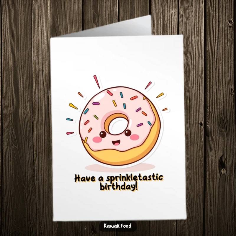 Funny Free Printable Birthday Card of a cheerful donut with sprinkles flying off, celebrating with explosive joy.