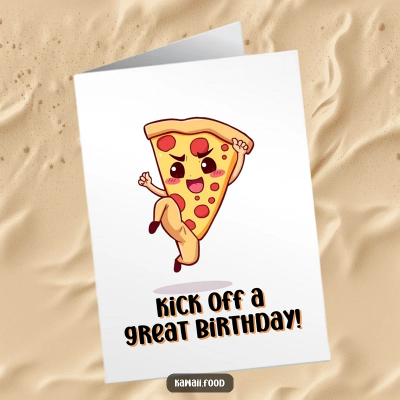 Funny Free Printable Pizza Birthday Card featuring a determined pizza slice performing a high kick.