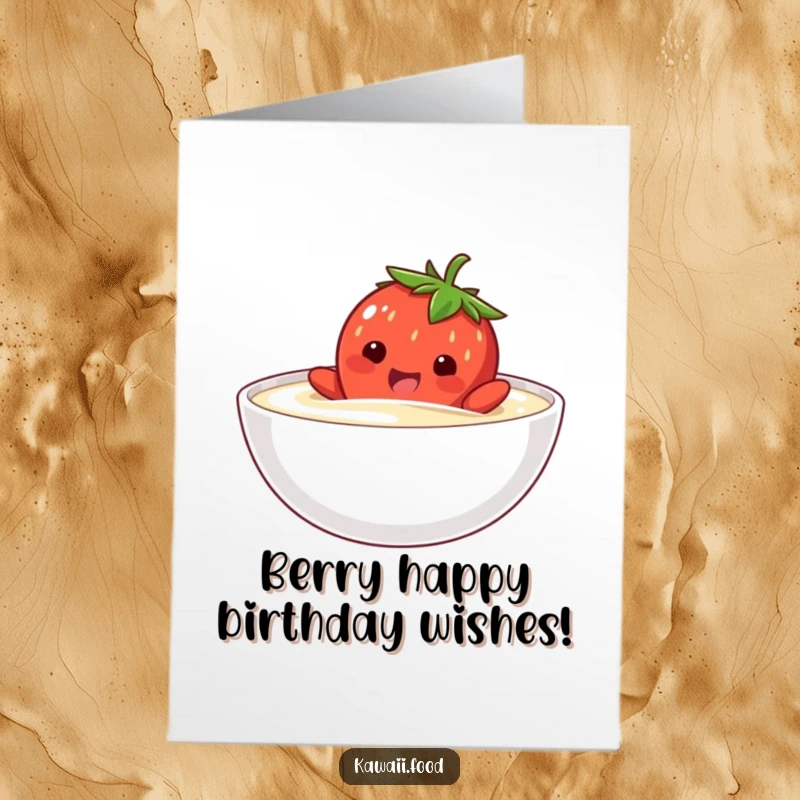 Funny Free Printable Birthday Card: A happy strawberry character comically attempting to swim in a bowl of cream, celebrating.