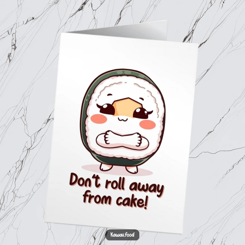 Funny Free Printable Birthday Card: A sushi roll character with crossed arms, playfully shooing away negativity on a birthday.