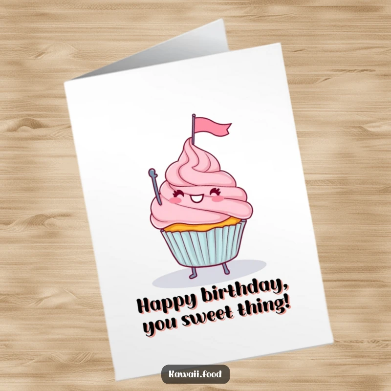 Funny Free Printable Birthday Card: A happy cupcake with legs waves a tiny flag from a snowy frosting mountain, celebrating.