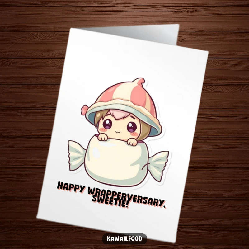 Quirky free printable birthday card of a candy character in a wrapper hat popping from a larger wrapper.