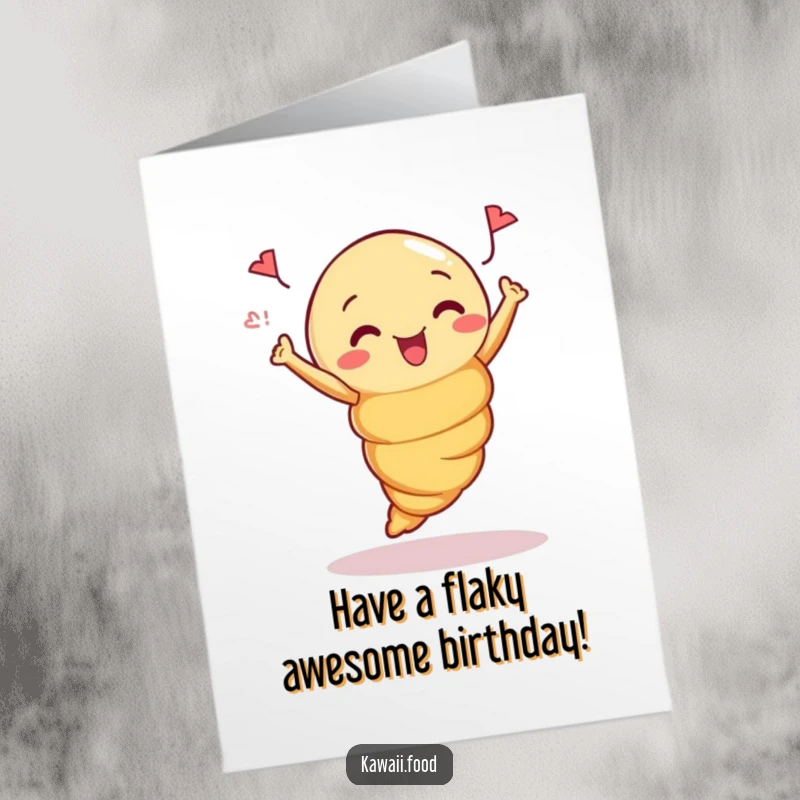 Funny Free Printable Croissant Birthday Card showing a curious croissant in a celebratory jump.