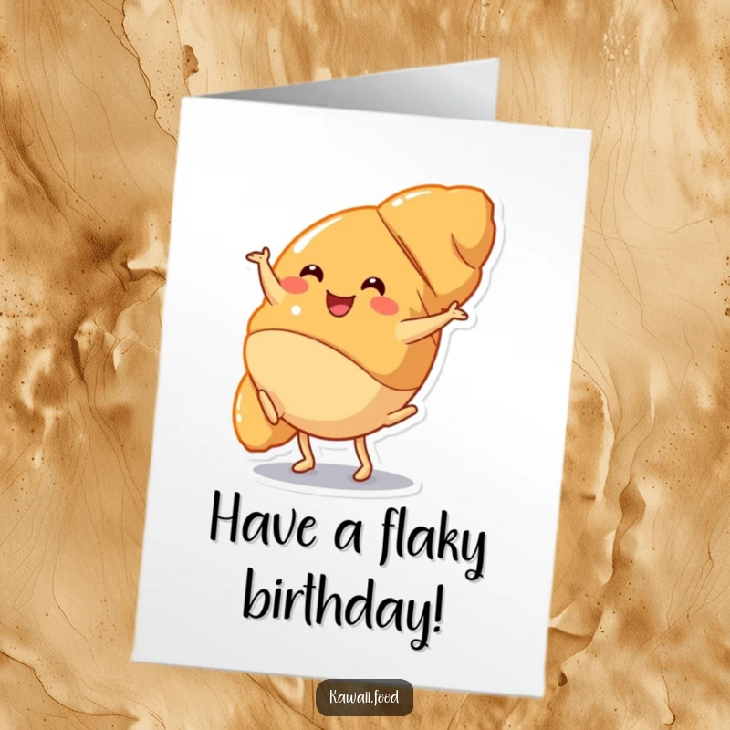 Funny Free Printable Birthday Card: A happy croissant character performs a vigorous cartwheel, full of birthday energy.
