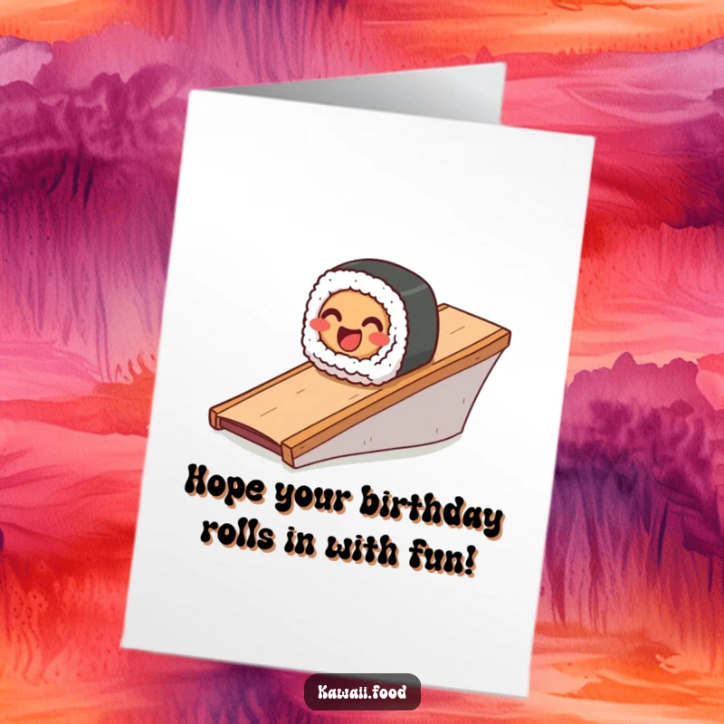 Funny free printable birthday card featuring a smiling sushi roll gleefully sliding down a ramp with joy.