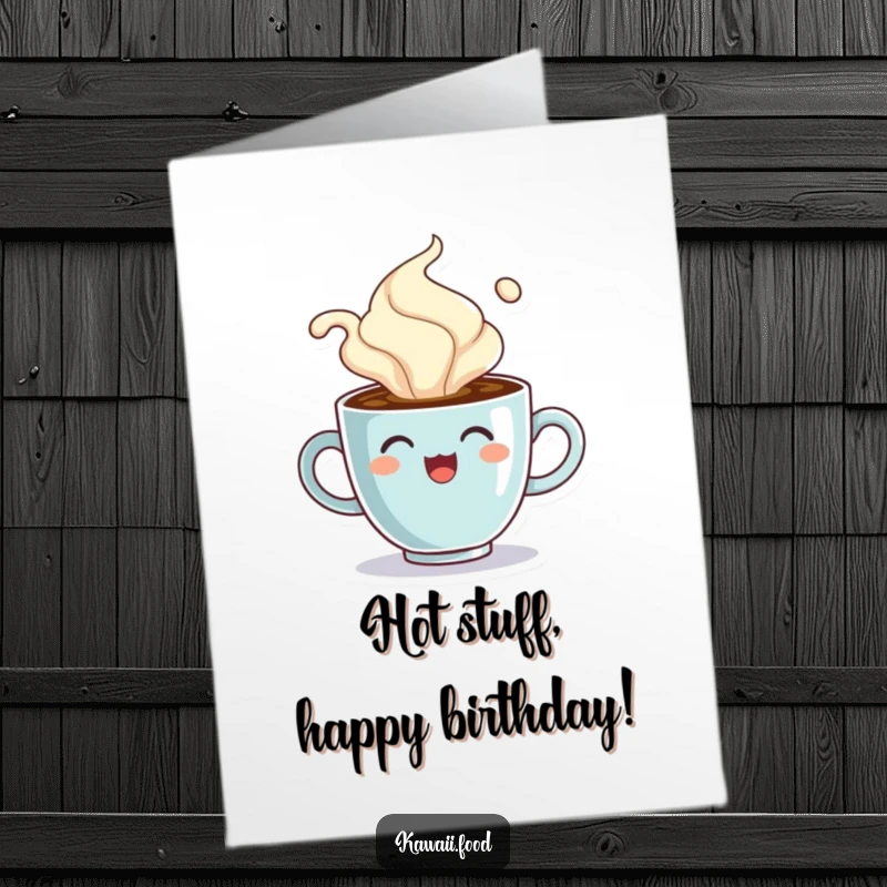 Funny Free Printable Birthday Card: A cheerful coffee cup character comically overflowing with steam, celebrating a birthday with zest.