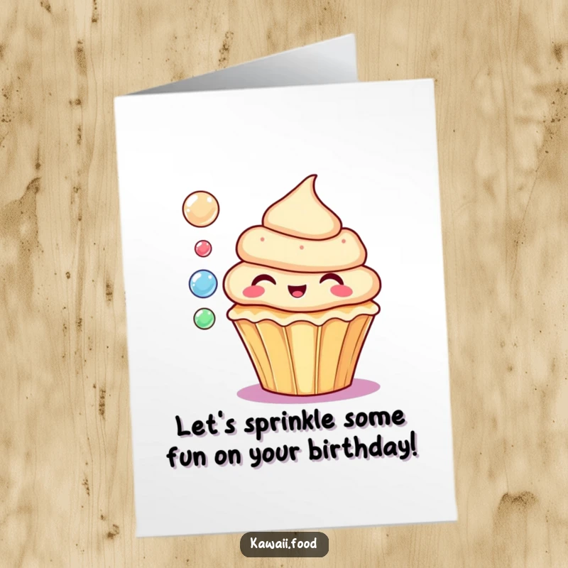 Funny free printable birthday card of a delighted cupcake blowing small, colorful, floating bubbles with joy.