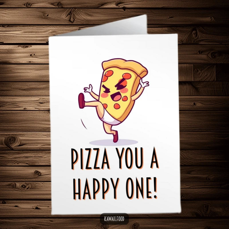 Funny Free Printable Birthday Card: Determined Pizza Slice Character in Mid-High Kick Pose