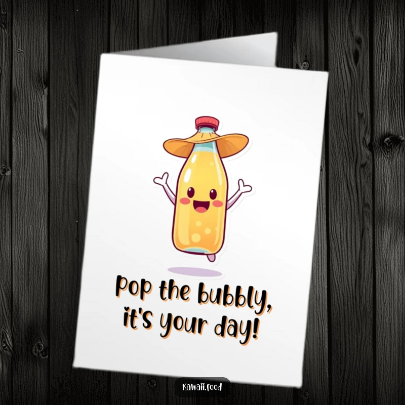 Funny Free Printable Happy Birthday card featuring a bubbly soda bottle character in a straw hat, joyfully jumping with excitement.