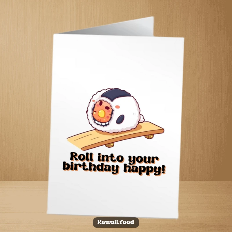Funny Free Printable Birthday Card: A smiling sushi roll slides gleefully down a ramp, heading for fun.