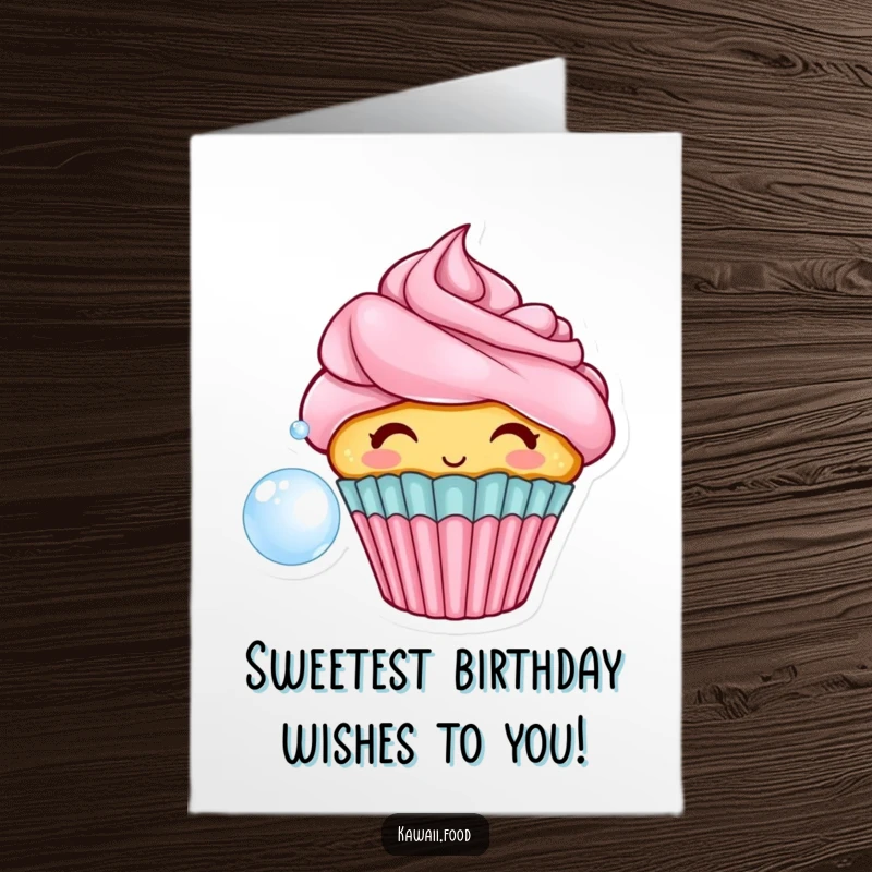 Funny Free Printable Birthday Card: A cheerful cupcake with frosting hair blowing a large bubble, celebrating a sweet birthday.