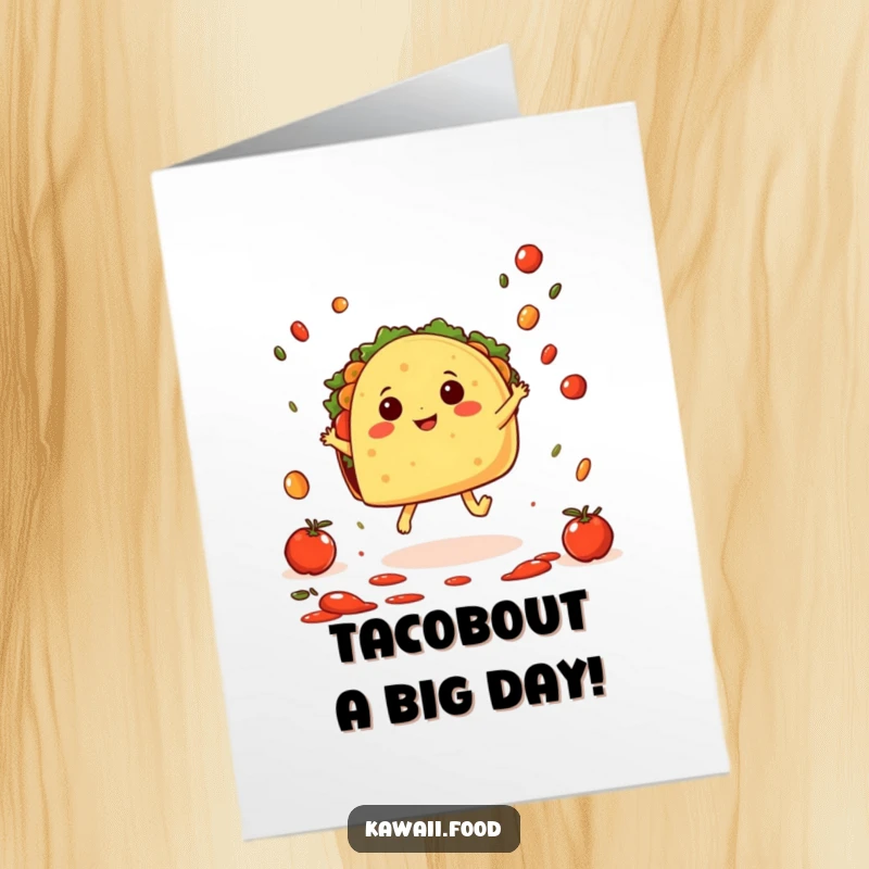 Funny free printable birthday card with a cheerful taco character with tiny feet joyfully hopping amidst falling salsa.