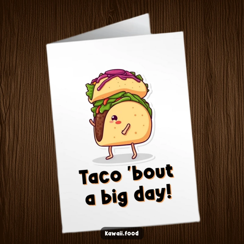 Funny Free Printable Birthday Card: A smiling taco with legs precariously balances a burrito on its head, ready to party.